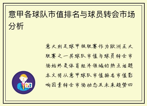 意甲各球队市值排名与球员转会市场分析